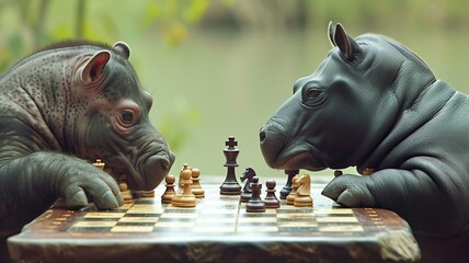 Animals playing chess are thinking about their next move. AI-generated image