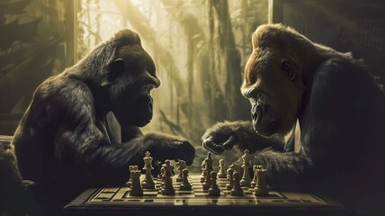 Animals playing chess are thinking about their next move. AI-generated image