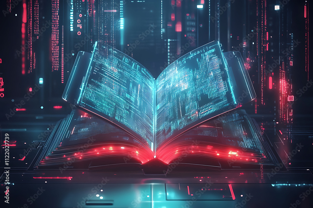 Poster an open book with glowing digital data, symbolizing knowledge and technology integration.