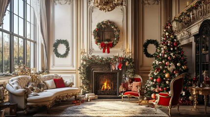Fototapeta premium New Year's interior with Christmas tree palace