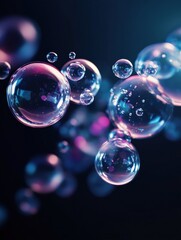 Naklejka premium Delve into a mesmerizing arrangement of vibrant 3D abstract bubbles floating in a dark atmosphere, ideal for artistic mockup designs. Generative AI