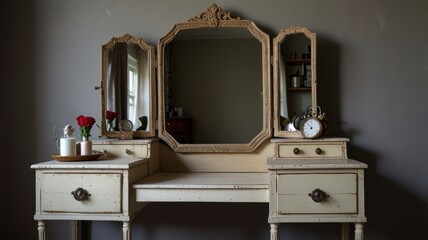 Antique vanity table with tri-fold mirror, drawers, and accessories.