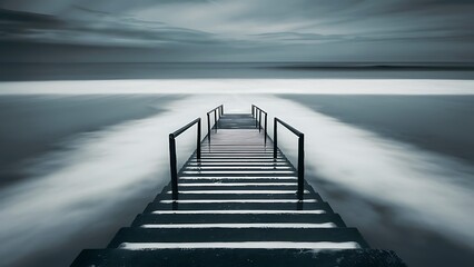 Steps to nowhere. beautiful minimalist black and white seascape with stairs into the sea and milk water. shot taken in daytime with long exposure
