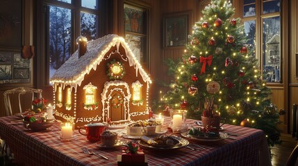 Fototapeta premium Gingerbread house glazed, on tablecloth with Christmas decor, candles, and lights. Living room with lit Christmas tree, ready for the holidays. 