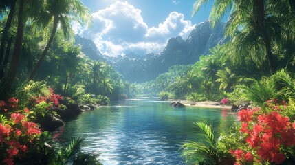 Serene Tropical Paradise: A Tranquil River Flows Through Lush Island Scenery