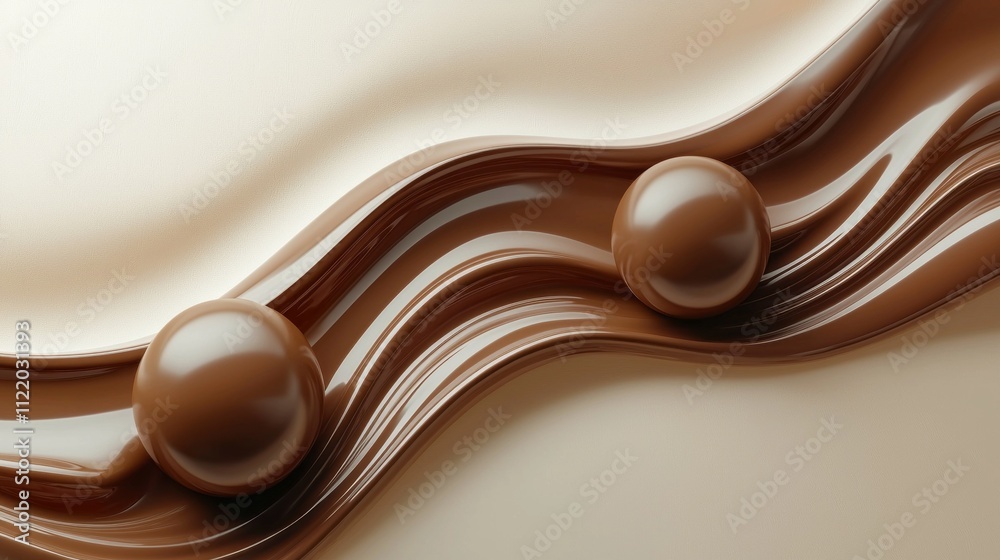 Poster captivating mocha hues blend in a seamless flow, highlighted by glossy spheres creating a stunning a