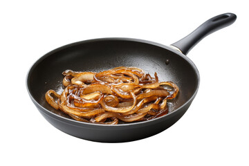Freshly sauteed onions in a black frying pan, showcasing rich caramelization and a delicious golden-brown color, perfect for culinary presentations.