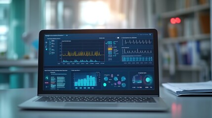 Laptop with data analysis graphs on screen in office setting