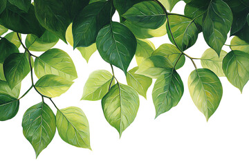 Fototapeta premium Green leaves with varying shades, arranged artistically against a white background, perfect for nature-themed designs or eco-friendly projects.