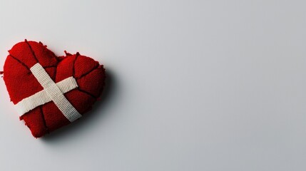 Broken red heart repaired with a bandage against a white backdrop symbolizing emotional healing and the journey to wholeness