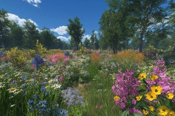 Fototapeta premium A field of flowers with a bright yellow center and a mix of other colors. The flowers are in full bloom and the grass is lush and green. Concept of peace and tranquility