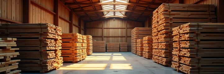 A spacious timber storage facility showcasing neatly stacked wooden planks, highlighting the essence of timber production and storage.