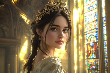 Fototapeta premium A young queen in an ornate gown gazes thoughtfully by a sunlit stained glass window
