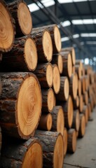 Stacks of freshly cut timber logs in a processing facility, highlighting the natural texture and color of wood in timber production.