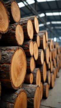 Stacks of freshly cut timber logs in a processing facility, highlighting the natural texture and color of wood in timber production.