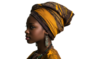 Profile of a woman in traditional African attire, adorned with vibrant headwrap and earrings, showcasing cultural beauty and heritage.