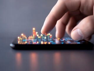 Fototapeta premium Businessman Analyzing Financial Data on Smartphone with Graphs Overlay, Business and Technology Concept