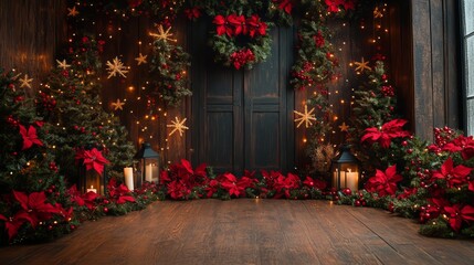 Christmas backdrop with an old wooden wall, decorated for the holiday season