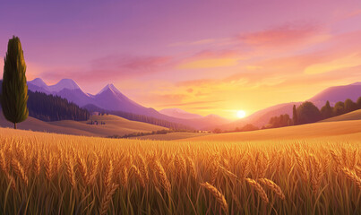 Wheat stalks sway gently as the sun sets, casting a warm glow over the beautiful golden fields in a tranquil countryside setting