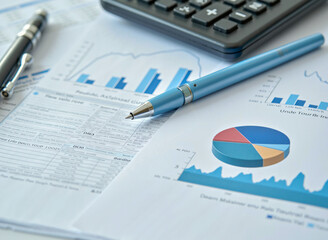 Obraz premium Financial documents with a pie chart and analysis tools
