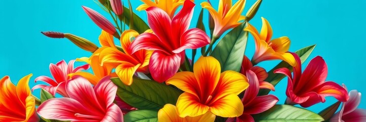 Obraz premium This vibrant image showcases a beautiful arrangement of colorful frangipani flowers against a bright blue background. The vivid colors and lush foliage create a tropical and exotic atmosphere.