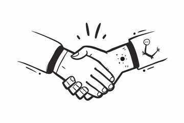 Fototapeta premium Handshake between human and robot hand symbolizing partnership in black and white sketch style with dynamic elements copy space