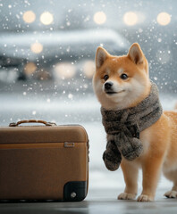 Obraz premium an adorable Shiba dog , wearing a snug snow suit , standing next to a stylish piece of luggage. Winter airport runway, with planes taking off in a dreamy, fog-covered scene. 
