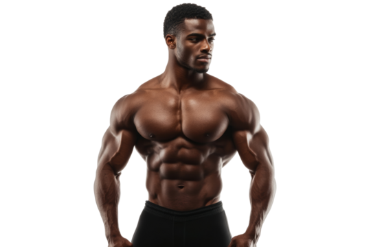 Strong athletic male model showcasing impressive physique with defined muscles on a white isolated background.