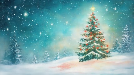 Magical Christmas tree in snowy winter landscape.