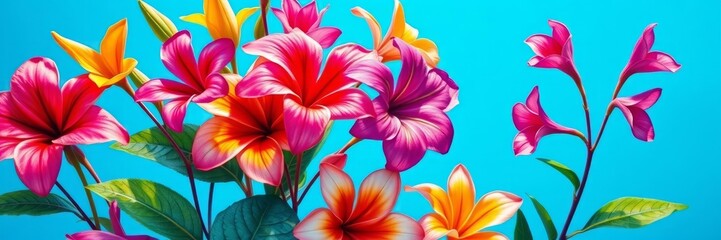Obraz premium This vibrant image showcases a beautiful arrangement of colorful frangipani flowers against a bright blue background. The vivid colors and lush foliage create a tropical and exotic atmosphere.