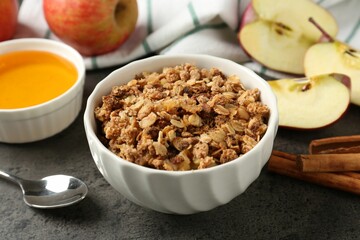 Delicious apple crisp in bowl, fresh fruits, cinnamon sticks and honey on grey table, closeup