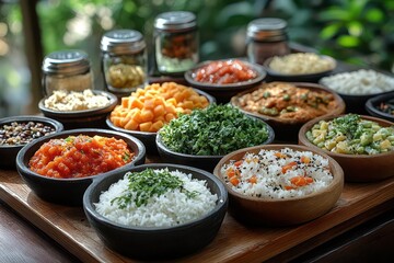 Fototapeta premium an inviting display of traditional indian dishes arranged aesthetically on a wooden table, filled with an array of colorful and spicy foods, bursting with flavors and cultural richness