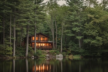 Obraz premium Charming cabin reflecting on serene lake at sunset. Generative AI