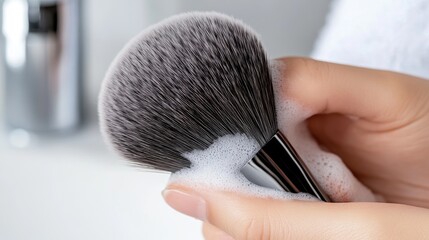 Close-up of a woman's hand washing a makeup brush with foam in a bathroom, highlighting proper hygiene practices for beauty tools in a clean setting