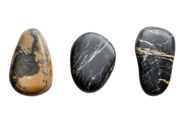 Three uniquely shaped stones with distinct patterns and colors arranged on a white isolate background.