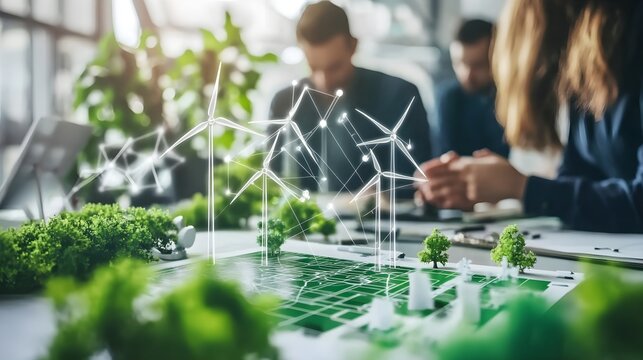 A group of colleagues collaborating around a table covered with plans for green projects and wind turbine designs.