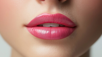 Obraz premium A woman's lips are painted with a bright pink lipstick