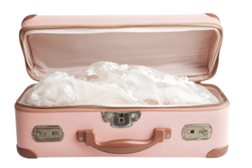 Vintage pink suitcase open revealing a beautiful wedding dress, elegant fabric with lace, travel and romance concept, isolated on white background.