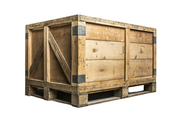 Wooden shipping crate with sturdy construction, perfect for packaging and transport of goods. Isolated on a white background for clear visibility.
