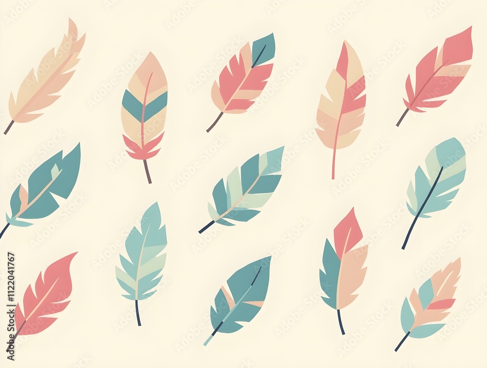 Aufkleber A seamless pattern of colorful feathers on a cream-colored background. The feathers are arranged diagonally and have a gradient color scheme