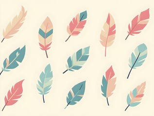 A seamless pattern of colorful feathers on a cream-colored background. The feathers are arranged diagonally and have a gradient color scheme