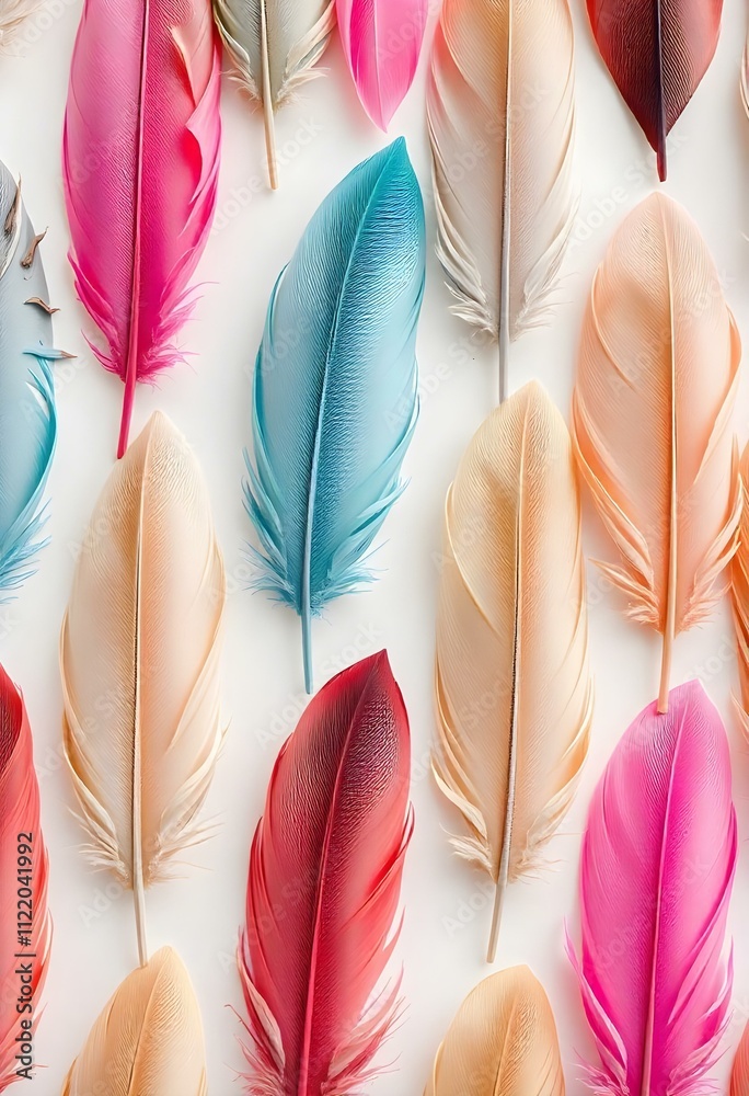 Aufkleber A seamless pattern of colorful feathers on a cream-colored background. The feathers are arranged diagonally and have a gradient color scheme