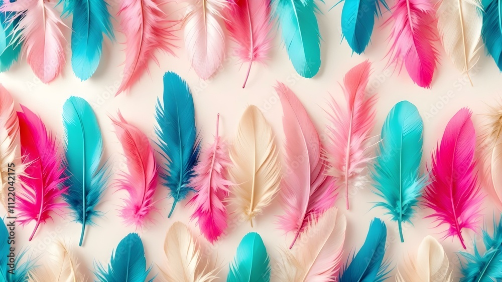 Aufkleber A seamless pattern of colorful feathers on a cream-colored background. The feathers are arranged diagonally and have a gradient color scheme