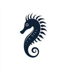 Fototapeta premium Stylized seahorse illustration, dark blue silhouette on white background.
