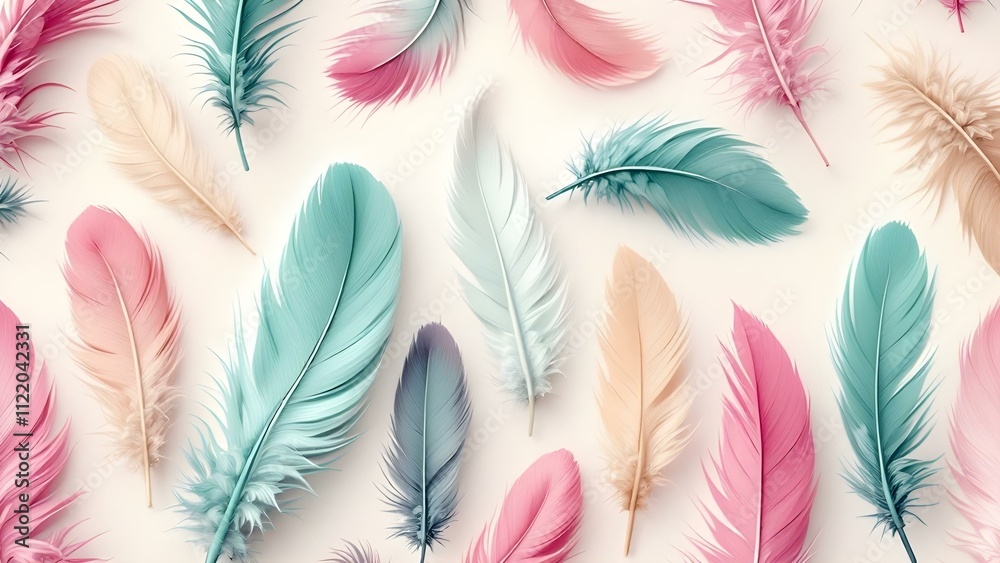 Aufkleber A seamless pattern of colorful feathers on a cream-colored background. The feathers are arranged diagonally and have a gradient color scheme