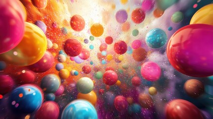 Colorful spheres floating in vibrant explosion.