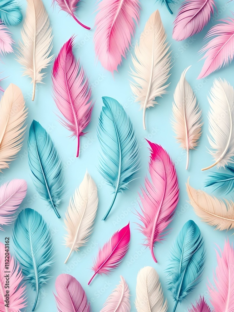 Poster A seamless pattern of colorful feathers on a light blue background. The feathers are arranged in a random pattern and have a soft, pastel color palette