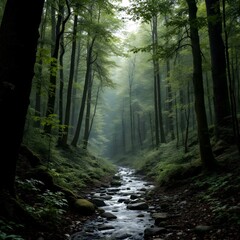 Obraz premium Natural Stream Flowing Through Forest