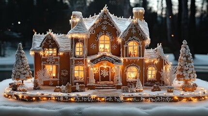 Obraz premium An icing-covered gingerbread home with snowflakes and Christmas lights all around it. 