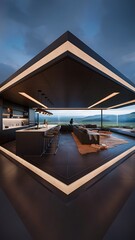 Fototapeta premium Dark kitchen interior with chill area, sofa and bar island with chair. Open space studio with cooking and lounge zone, side view. Panoramic window on countryside. 3D rendering